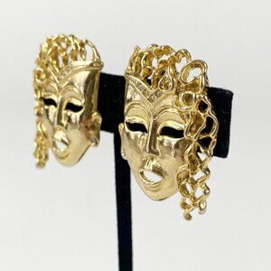 1980s Vintage Mask Rhinestone Encrusted Face Gold-Tone Clip-On Earrings